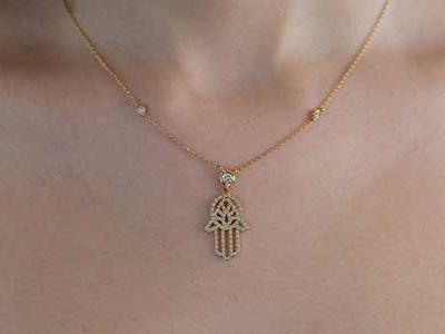 Diamond Pendant "hand Of Fatima" With Gold Necklace