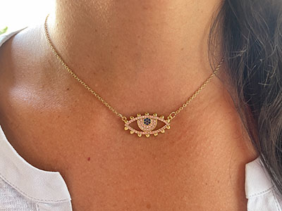 Golden Eye Chain & Pendant With White & Sapphire Stones