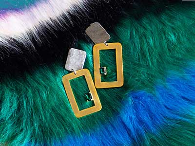 Rectangular Gold Plated Earrings with Green Stone